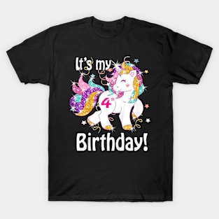 Kids Its My Birthday Girl Unicorn 4Th T-Shirt